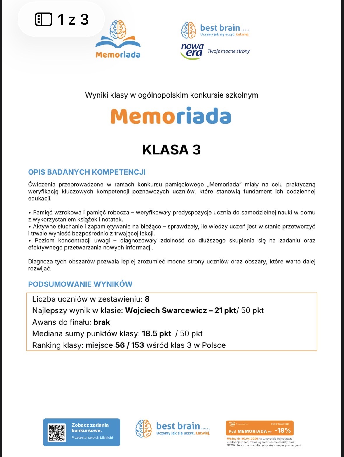 Bardzo dobry wynik w konkursie Memoriada